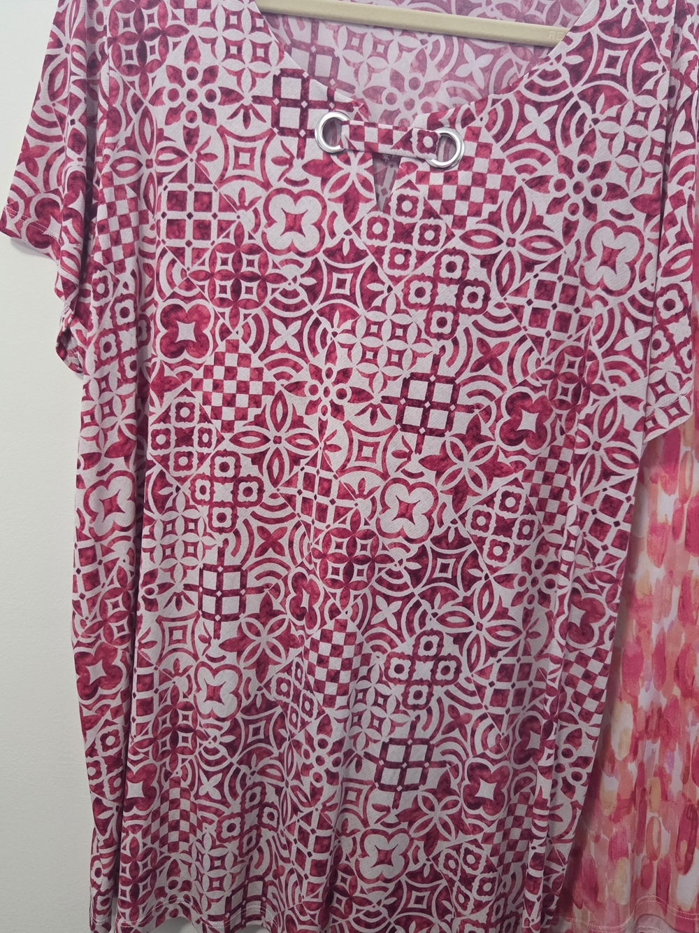 Susan Graver Pink Patterned Top with Silver Grommet Detail